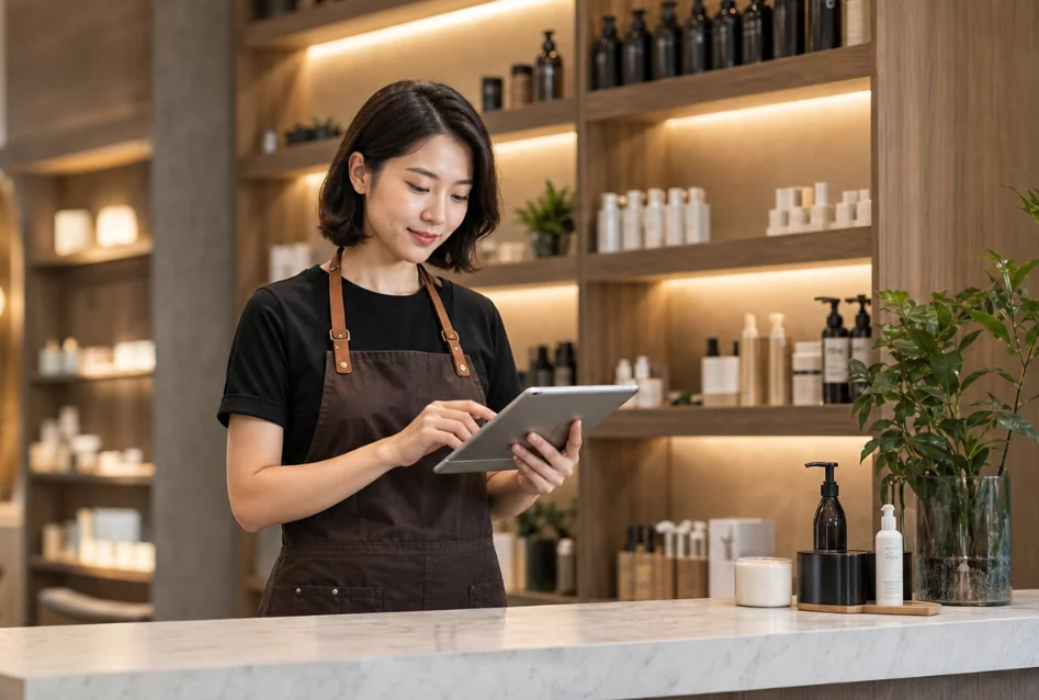 门店经营者在前台使用平板处理日常经营工作